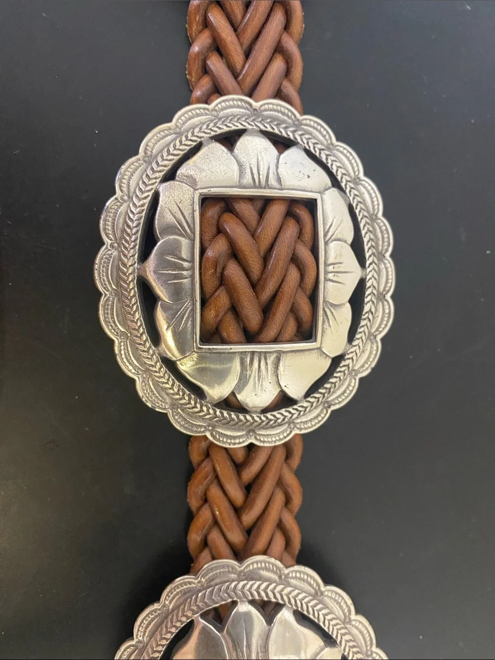 1990s vintage Braided Brown Leather Concho Belt with Silver-Tone Medallions
